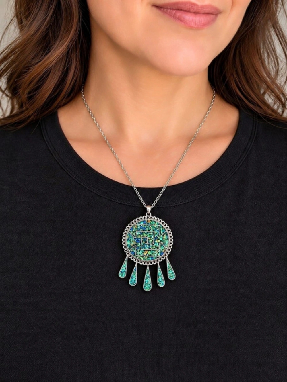 Vintage Mexican Turquoise Chip Inlay Brooch Pendant Silver Alloy